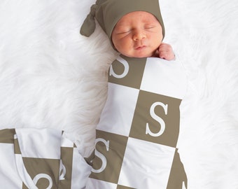 Swaddle Blanket Monogrammed, Beanie Knotted Hat, Bow, Checkered Swaddle Set, Baby Shower Gift Neutral