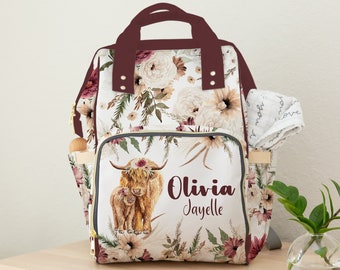 Highland Cow Baby Diaper Bag Backpack: Personalized Floral Girl Gift
