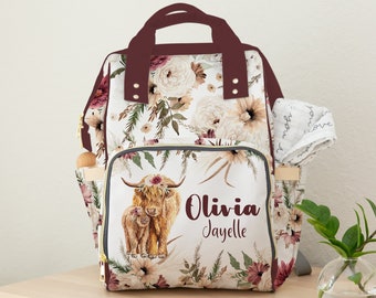 Girl Diaper Bag, Highland Cow Baby Personalized Backpack Diaper Bag, Floral Baby Girl Diaper Bag with Baby's Name, Custom Baby Gift