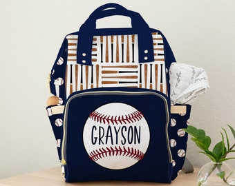 Personalized Baseball Diaper Bag Backpack: Navy Blue & Red