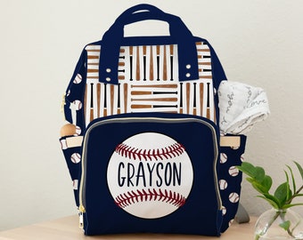 Personalized Diaper Bag Baby Boy Baseball, Navy Blue and Red Baseball Themed Backpack Diaper Bag