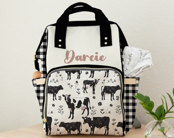 Personalized Cow Diaper Bag, Baby Cows Diaper Bag, Farm Baby Shower Gift, Custom Baby Name Backpack