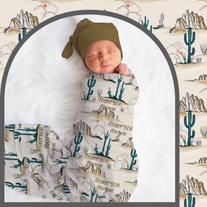 Personalized Blanket, Swaddle and Beanie Desert Mountain Cactus Themed Swaddle