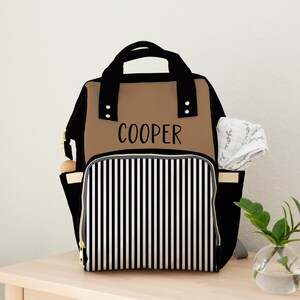 Personalized Diaper Bag Backpack - Custom Tan, Black and White Striped Baby Bag, Baby Shower Gift with Name