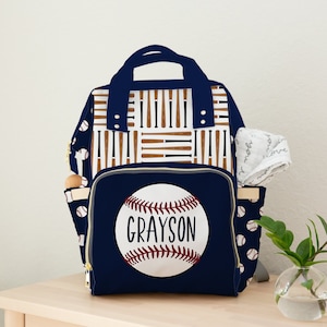 Personalized Baseball Diaper Bag Backpack: Navy Blue & Red
