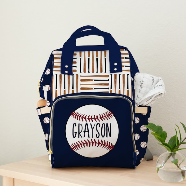 Personalized Diaper Bag Baby Boy Baseball, Navy Blue and Red Baseball Themed Backpack Diaper Bag