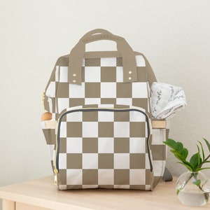 Diaper Bag Backpack in Tan Checker, Neutral Backpack Diaper Bag, Check Diaper Bag, Baby Shower Gift, New Mom Gift