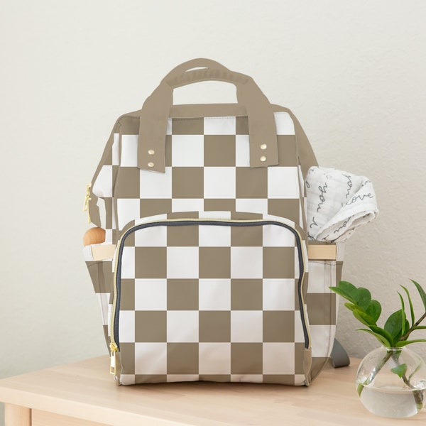 Diaper Bag Backpack in Tan Checker, Neutral Backpack Diaper Bag, Check Diaper Bag, Baby Shower Gift, New Mom Gift