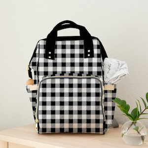 Gingham Diaper Bag Backpack, Black Checker Baby Bag, Neutral Backpack Diaper Bag, Check Diaper Bag, Baby Shower Gift, New Mom Gift