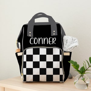 Boy Diaper Bag, Baby Personalized Backpack Diaper Bag, Black and White Checkered Diaper Bag with Baby&#39;s Name, Custom Baby Gift