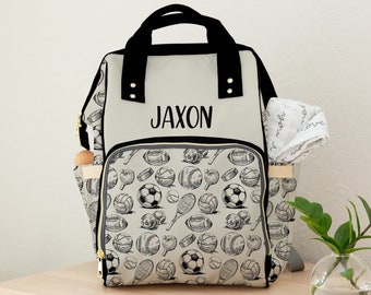 Diaper Bag Backpack in Sports Theme, Personalized Neutral Backpack Diaper Bag, Baby Name Boy Bag, Baby Shower Gift