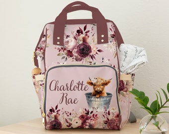 Sac à langer sac à dos bébé fille, sac à langer personnalisé vache Highland, sac à langer fleur rose avec nom, cadeau de douche