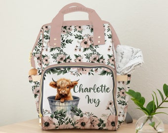 Diaper Bag Backpack Baby Girl, Highland Cow Personalized Diaper Bag, Pink and Green Flower Daycare Diaper Bag with Name, Girl Shower Gift