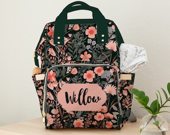 Personalized Floral Diaper Bag, Baby Girl Diaper Bag, Dark Green Pink and Coral Diaper Bag Backpack, Baby Shower Gift Baby Girl