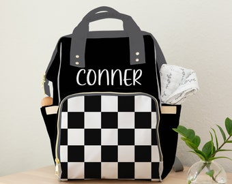 Boy Diaper Bag, Baby Personalized Backpack Diaper Bag, Black and White Checkered Diaper Bag with Baby&#39;s Name, Custom Baby Gift