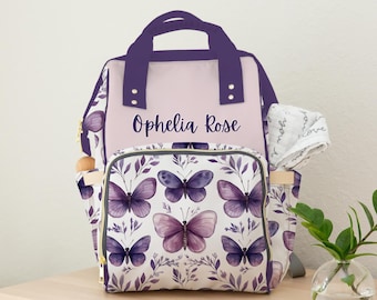 Diaper Bag Backpack, Baby Girl Custom Name Bag, Purple Butterfly Design, Personalized Baby Shower Gift