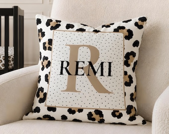 Personalized Leopard Print Pillow, Animal Print Pillow Covers, Safari Nursery Decor, Custom Name Bed Pillow, Baby Girl Room Decor