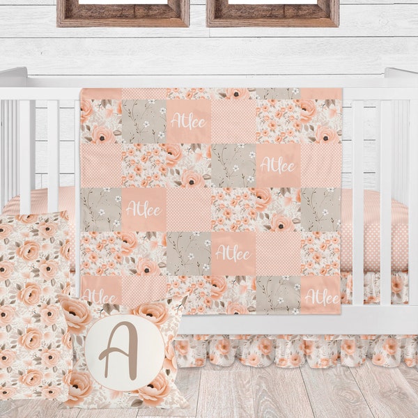 Crib Bedding Set Girl, Floral Peach Nursery Bedding, Baby Girl Crib Set, Peach and Taupe Flower Baby Bedding, Personalized Nursery Decor