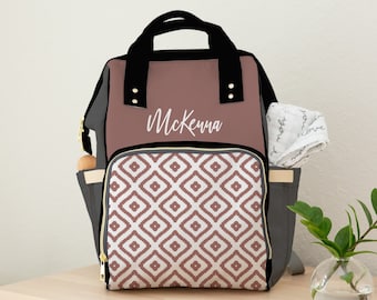 Personalized Pink and Gray Diaper Bag Backpack - Baby Girl Name, Baby Shower Gift, Modern Hospital Bag