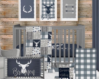 Crib Bedding Boy, Woodland Nursery Baby Boy Bedding, Deer Crib Set in Navy Blue and Gray, Personalized Baby Bedding, Baby Boy Shower Gift