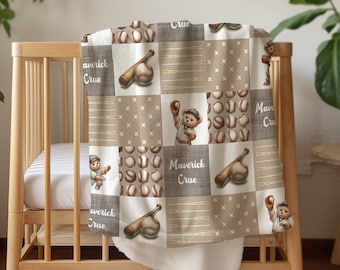 Personalized Baseball Blanket: Vintage Teddy Bear Nursery Minky Blanket