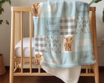 Couverture pour bébé vache Highland : couverture personnalisée en minky ou en sherpa sur le thème de la ferme, cadeau de baby shower