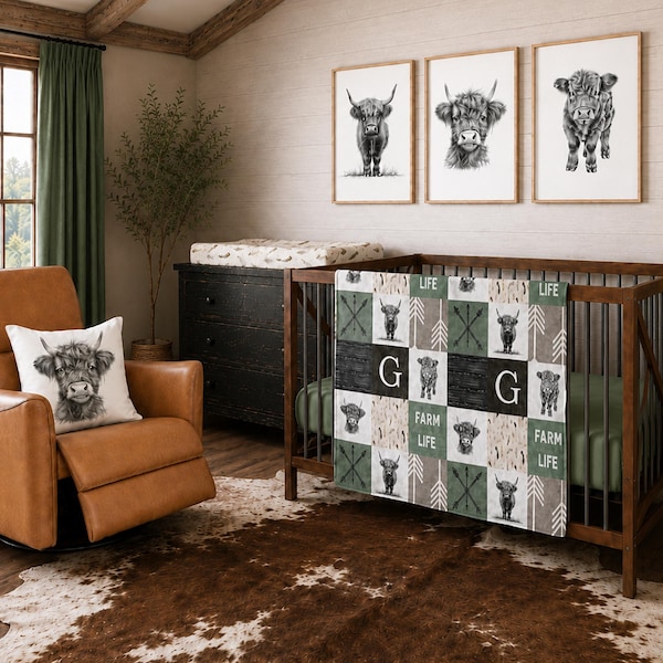 Highland Cow Crib Bedding: Sage Green Western Farm Nursery, Personalized Baby Gift