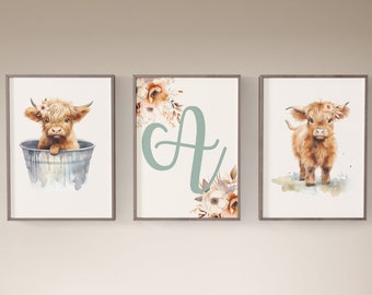 Highland Cow Nursery Art Prints: Floral Farmhouse Decor, Set of 3