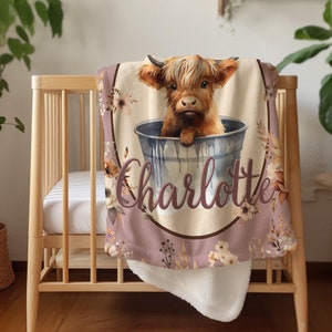 Highland Cow Baby Blanket: Personalized Floral Minky or Sherpa