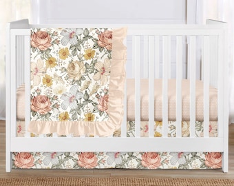 Baby Girl Crib Bedding Set, Floral Nursery Baby Bedding, Vintage Floral, Earth Tones, Rust, Floral Crib Sheet, Crib Skirt, Floral Blanket