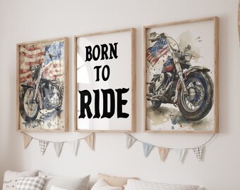 Motorcycle Nursery Art Prints: American Flag, Born to Ride Theme (Set of Three)