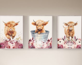 Highland Cow Nursery Art Prints: Pink Floral Farmhouse Decor (Set of Three)