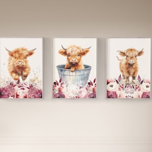 Highland Cow Nursery Art Prints: Pink Floral Farmhouse Decor (Set of Three)