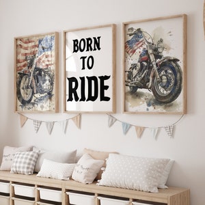 Motorcycle nursery wall art set featuring three pieces, including two American flag motorcycle prints and a "Born to Ride" sign. The wall art is available as both prints and canvas, perfect for creating an adventurous and personalized nursery decor.