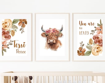 Highland Cow Nursery Art Prints: Floral Baby Girl Decor, Set of 3