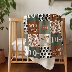 Personalized Teddy Bear Football Baby Blanket - Custom Sports Themed Nursery Blanket
