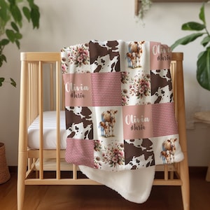 Personalized Cow Baby Blanket: Pink Farm Girl Minky Sherpa Cuddle Blanket