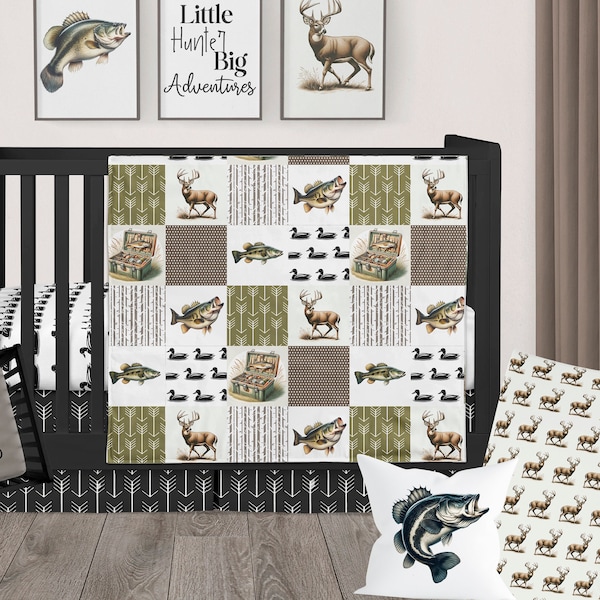 Fishing Hunting Nursery Bedding Crib Set, Bass Fish Baby Bedding, Baby Boy Personalized Crib Bedding, Newborn Fishing Hunting Nursery Theme