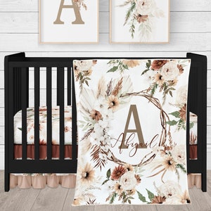 Boho Crib Bedding Set, Baby Girl Nursery Bedding, Floral Personalized Baby Blanket, Crib Skirt, Crib Sheet