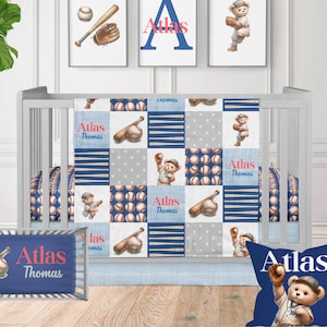 Baseball Nursery Crib Bedding, Baby Boy Crib Set, Teddy Bear Baseball Bat, Boy Baby Bedding, Custom Crib Bedding Baseball in Blue