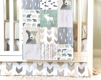 Bear Crib Bedding, Baby Nursery Bedding Set with Name, Woodland Personalized Bedding and Nursery Decor