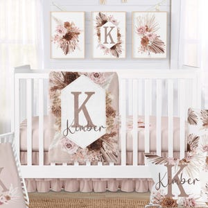 Boho Floral Crib Bedding Set – Neutral Baby Girl Nursery, Personalized Crib Set, Soft Minky Blanket, Custom Name Sheet, Baby Shower Gift