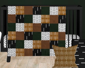 Boho Crib Bedding Set, Hunter Green, Rust, Bohemian Baby Blanket, Gender Neutral Nursery