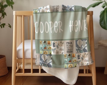 World Travel Baby Blanket: Personalized Minky or Sherpa, Sage & Blue Nursery