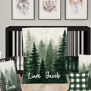 Forest Crib Bedding: Woodland Baby Boy Nursery, Green Tree Blanket & Pillow, Rustic Cabin Personalized Baby Shower Gift