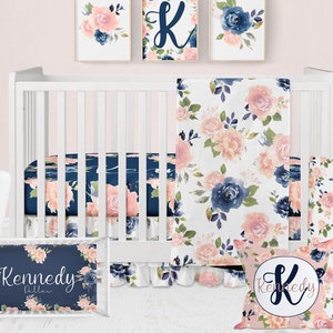 Crib Bedding Set Girl, Floral Nursery Bedding, Pink and Navy Blue Baby Girl Crib Bedding Set, Personalized Baby Decor image 1