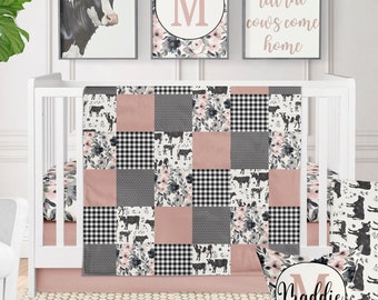 Cow Girl Nursery, Baby Crib Bedding Set, Pink Black Gray Personalized Baby Girl Bedding and Nursery Decor