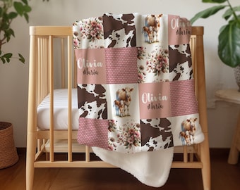 Personalized Cow Baby Blanket: Pink Farm Girl Minky Sherpa Cuddle Blanket
