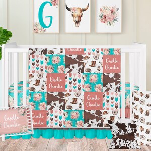 Baby Girl Crib Bedding Set, Western Cowboy Nursery Decor, Pink Teal Floral Baby Girl Crib Set, Baby Girl Cowboy Nursery, Personalized Baby