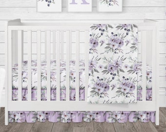 Girl Crib Bedding, Floral Baby Nursery, Purple and Gray Floral Girl Nursery Baby Crib Bedding Set